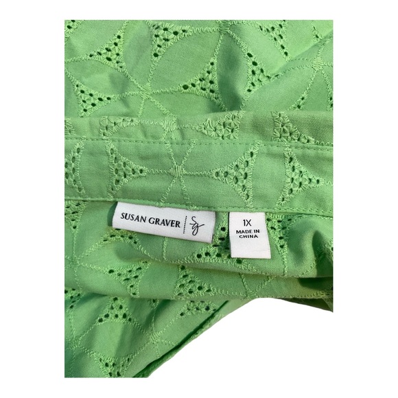 Susan Graver Women’s Tunic Top Green Tie Sleeve Collar Button Front Eyelet 1X - Picture 6 of 15